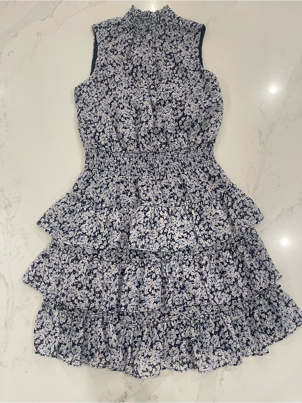1. State Navy and White Floral Ruffle Mini Dress